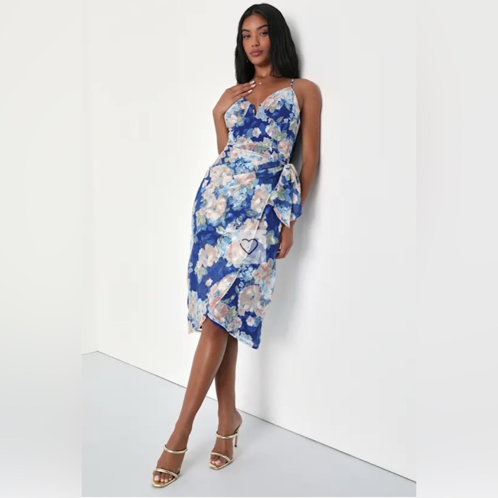 Lulus XSmall Blue‎ Floral Bustier Faux Wrap Midi Dress